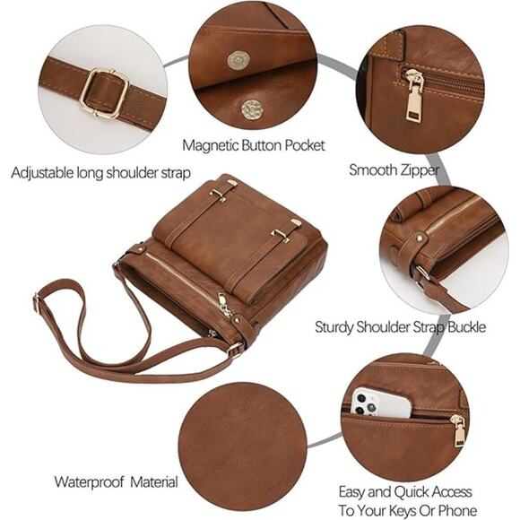Women's Vegan Leather Crossbody Brown - Chic, Multi-Pocket, Versatile & Stylish - Picture 5 of 7